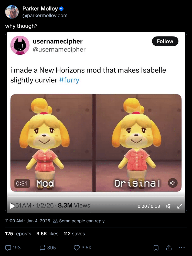 Parker Malloy jokingly asking "Why Though" on the curvy isabelle mod